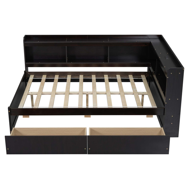 Full Size L-Shaped Bookcases Bed With Power Outlets, USB Charging Ports,Two Drawers, Full, Espresso