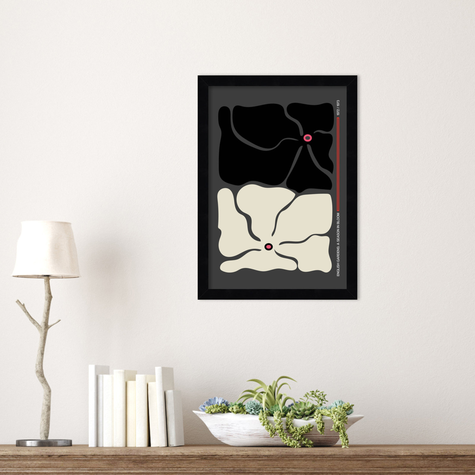 Two by Two Flower Grey Print, Black, 17" H x 12" W x 1" D