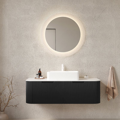 Meuble-lavabo 48 po avec lavabo, meuble-lavabo mural à bords arrondis avec 2 tiroirs, lavabo rectangulaire en céramique blanc, sans robinet, pré-assemblé, couleur noire