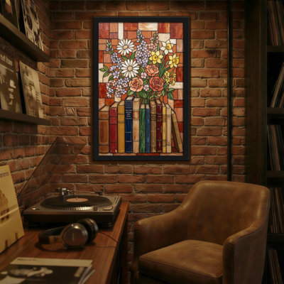 Arrangement floral de plantes et fleurs sur une étagère avec fond en vitrail