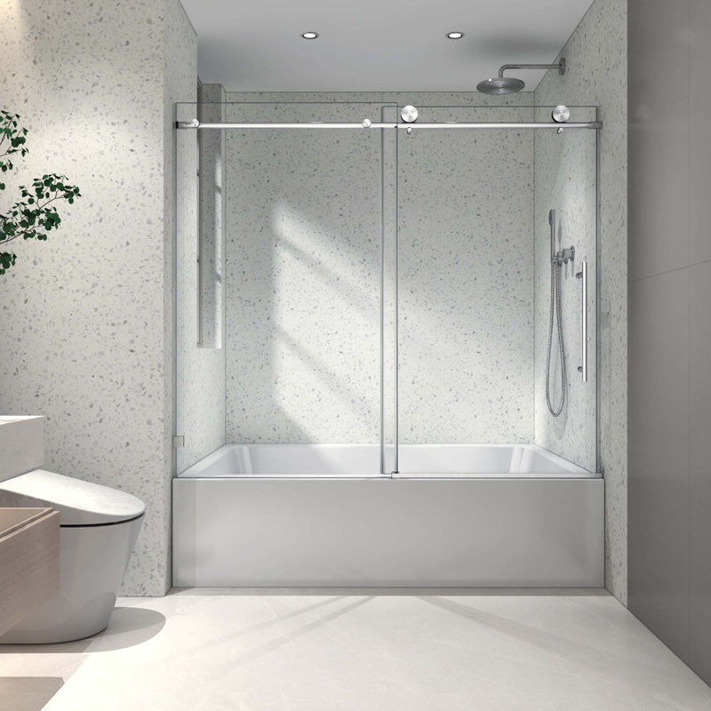 Frameless One Fixed And One Shifted Shower Door,Stainless Steel Large Pulleys With Adjustable Soft Closing Function,With Nano Easy Cleaning,Stick Explosion-Proof Menbrance