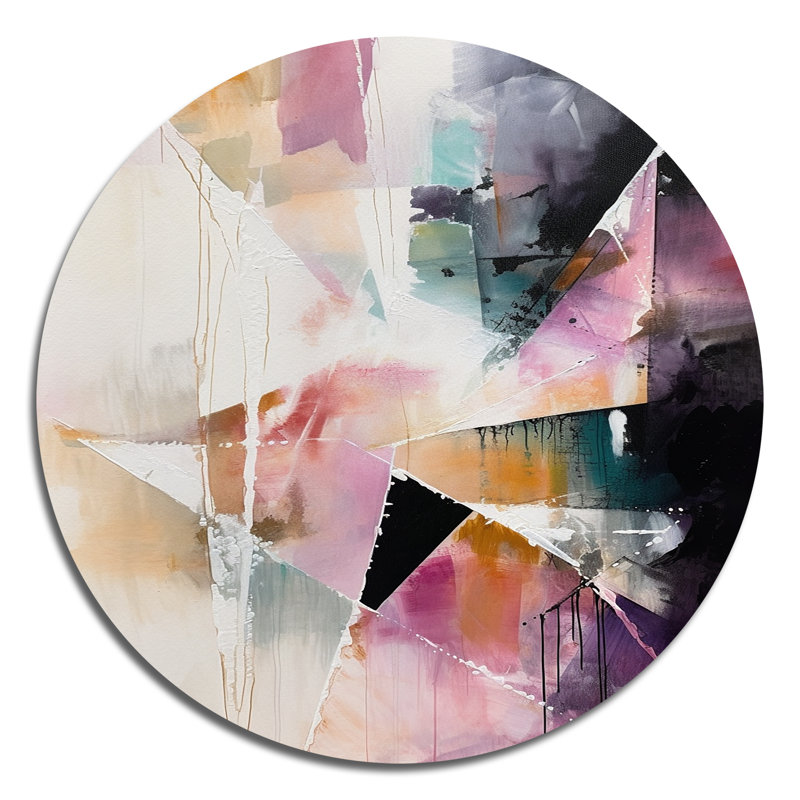 «Mauve langue des lignes II», art mural rond abstrait géométrique sur métal, H 29 po x l 29 po x P 1 po