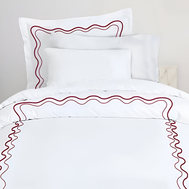 Double Wavy Embroidered Cotton Duvet Cover Set, White/Burgundy