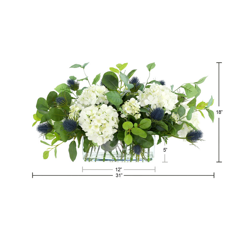 Hydrangea and Thistle Floral Arrangement in a Rectangular Glass Vase