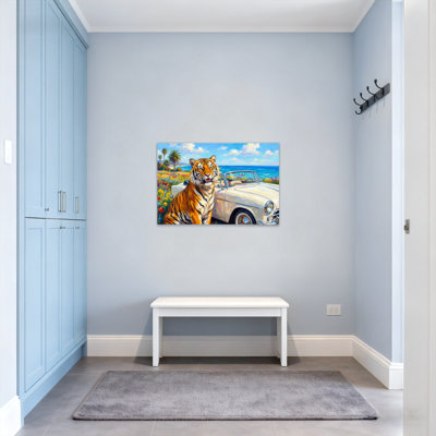 Animals Tiger Beside Classic Car Beach Scene