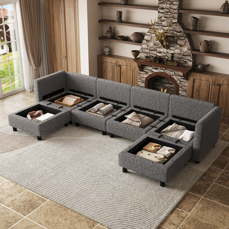 Canapé modulaire en U avec rangement pour le salon, Mélange de polyester gris