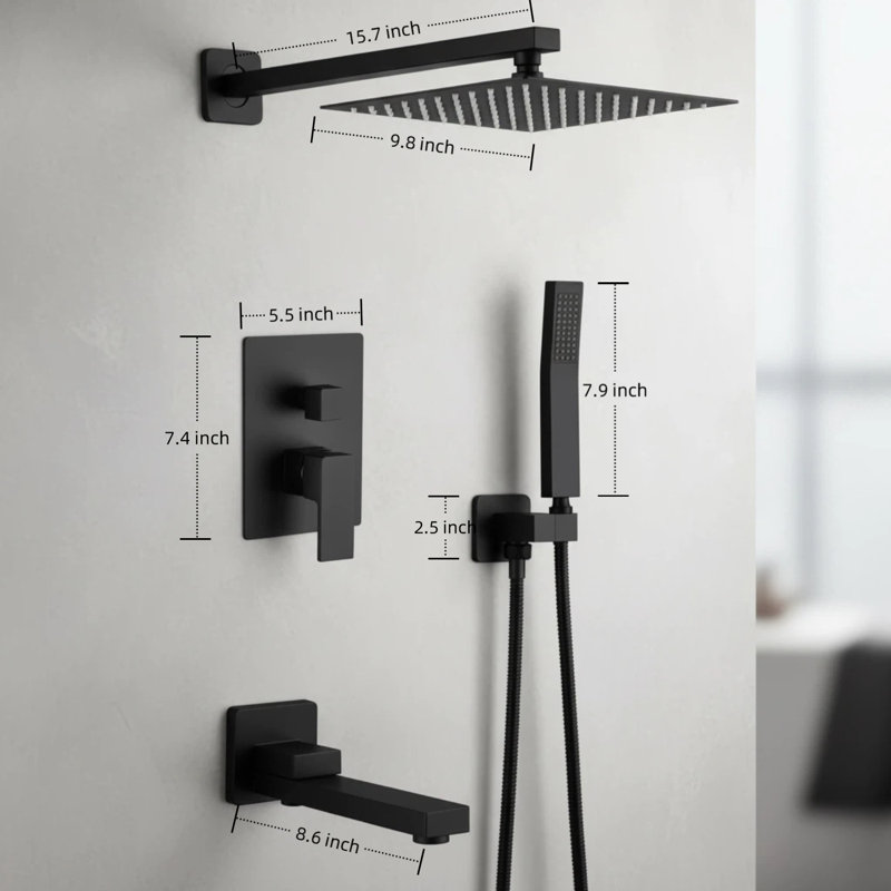 Système de douche à pluie 8 po avec douchette et douchette - Valve à pression équilibrée incluse (noir mat)