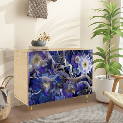 Sideboard Buffet Cabinet with Storage Mystical Space Flowers Purple Blue with 2 Doors for Living Room and Kitchen