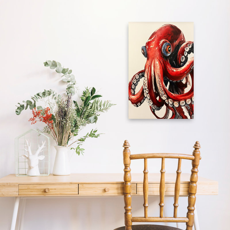 «Vibrant Red Octopus Octopus Beach», art mural, H 24 po x l 16 po