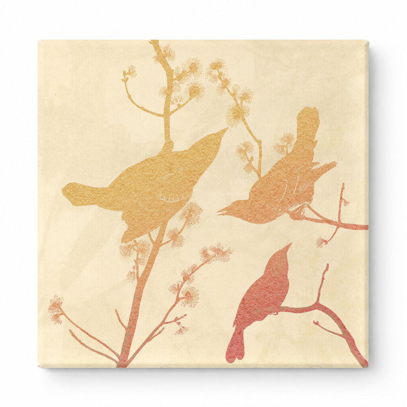 Trois oiseaux sur des branches en fleurs - art mural carré sur toile, 12" W x 12" H