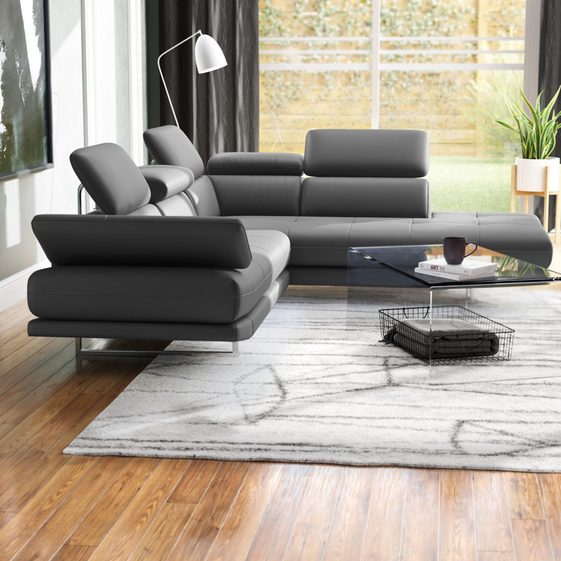 Carner Upholstered L-Shaped Sectional Right Hand Facing, Dark Grey Genuine Leather