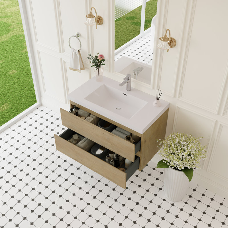 Meuble-lavabo mural flottant 36 po avec lavabo et rangement 36 po, Chêne naturel