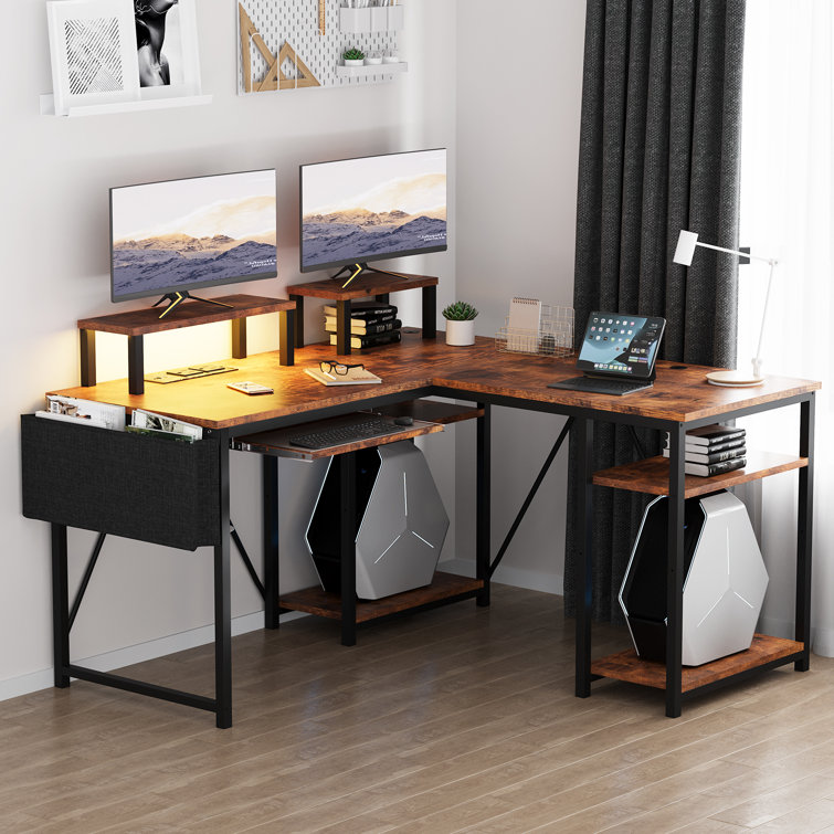 Agathi 60cm W Rectangle L Shaped Computer Desk With Monitor Stand and Cabinet LED Light Gaming Desk With Power Outlet Large Home Office Desk