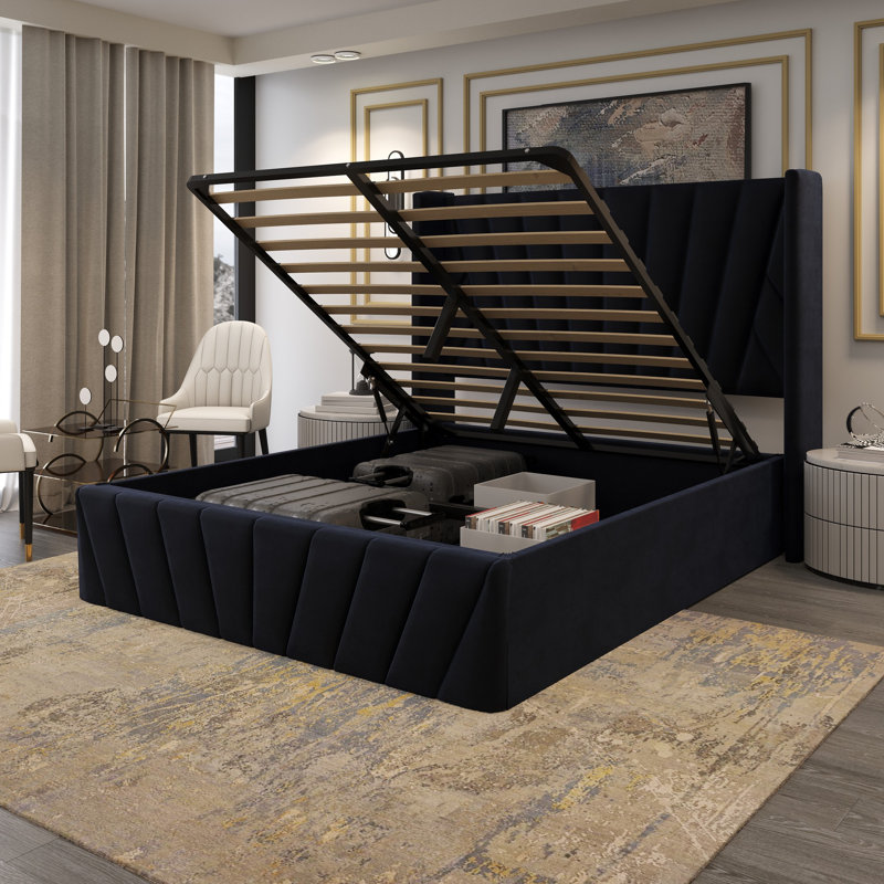 Lit de rangement tapissier avec tête de lit haute et vérin à gaz hydraulique, système de lattes en bois et rangement sous le lit