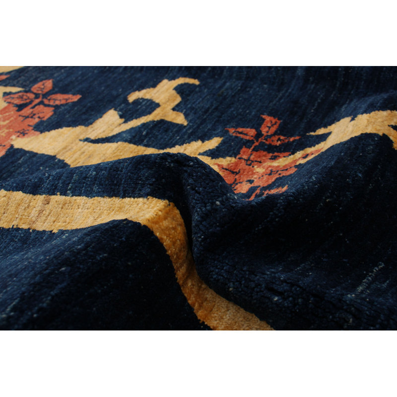 Tapis bleu marine en laine noué à la main de conception unique 4 pi 8 po x 6 pi 2 po New Age
