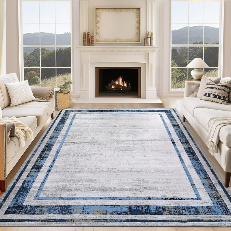 Washable Rug Modern Border Soft Distressed Gray Minimalist Non Slip Hallway Stain Resistant Kitchen Contemporary