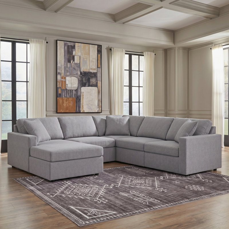 Canapé modulaire 5 pièces avec méridienne Depew, Orienté à gauche (vu de face), Polyester gris