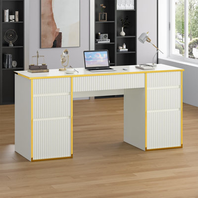 Bureau d'ordinateur avec 7 tiroirs, bureau cannelé 58 pouces avec 2 tiroirs classeurs