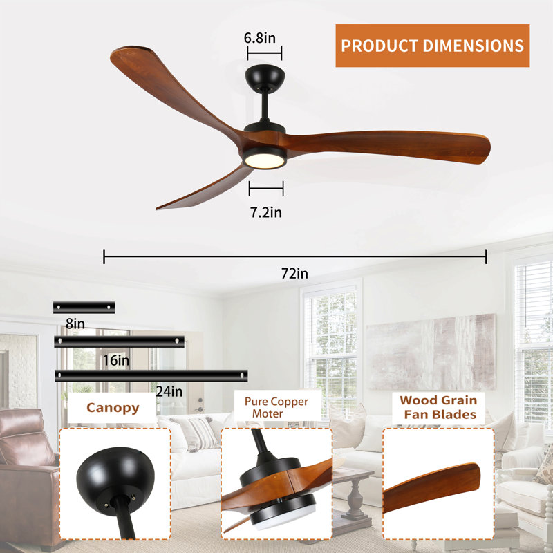 72 Inch Wood Ceiling Fan With  Light, Low Profile Ceiling Fan  With Remote Control,Noiseless Reversible Dc Motor With Timer