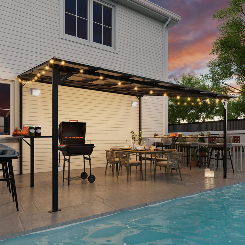 Meissalivve 12' X 14' Wall Mounted Gazebo, Outdoor Bbq Grill Gazebo With Side Shelf, Lean To Metal Awnings With Sloped Roof, Heavy Duty Pergola For Backyard, Deck, Black