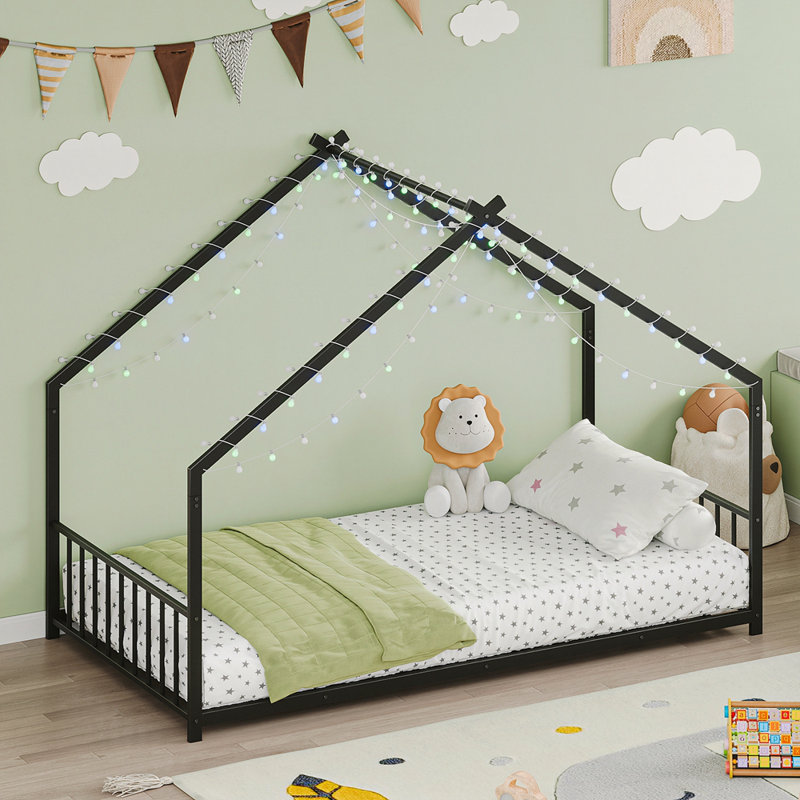 Children's Bed Frame with LED Light Strips, Sturdy Roof-Shaped Iron Frame for Safe and Fun Sleeping, Black, Twin