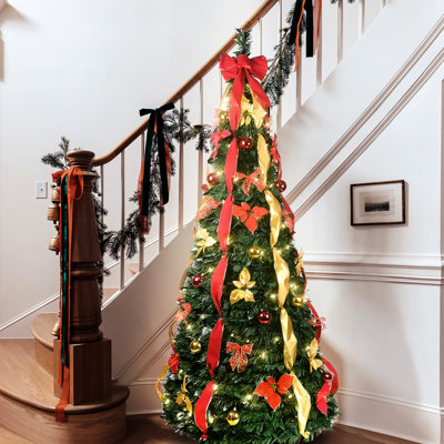 Arbre de Noël de 6 pi avec fonction escamotable, 150 lumières et éléments blanc chaud, convient aux petits espaces de vie