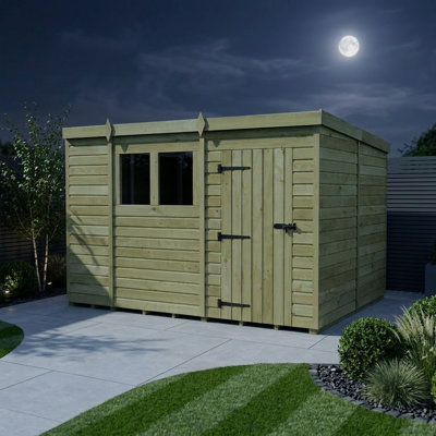 Total Sheds 11ft x 8ft Pent Garden Shed - Single Door - With Windows - Pressure Treated Timber - UK Manufactured