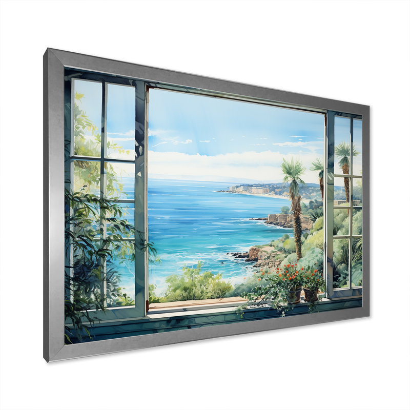 Seaside, vue tropicale II - fenêtres côtières, art mural, Cadre de coin argenté fermé, H 16 po x l 32 po x P 1 po