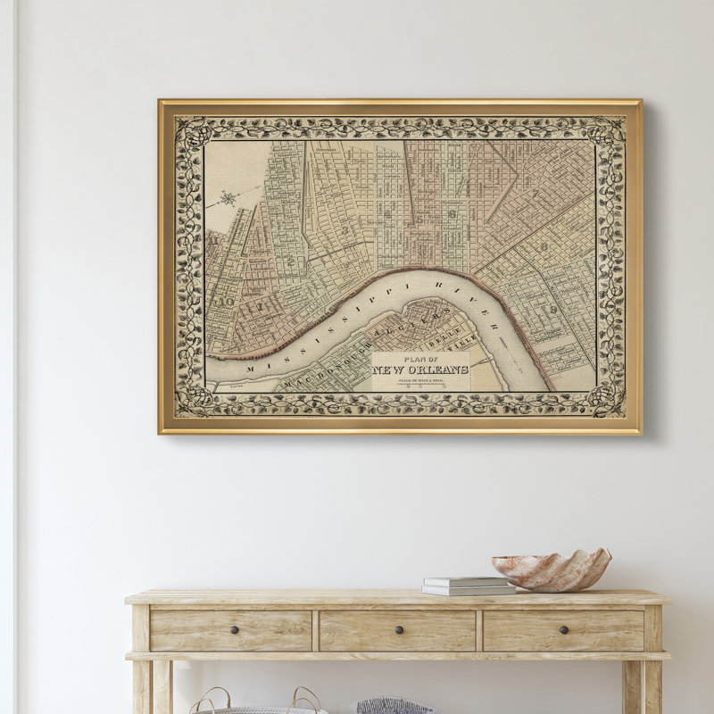 Plan de la Nouvelle-Orléans - reproduction d'art sur toile, H 18,5 po x l 24,5 po x P 1,5 po, Doré