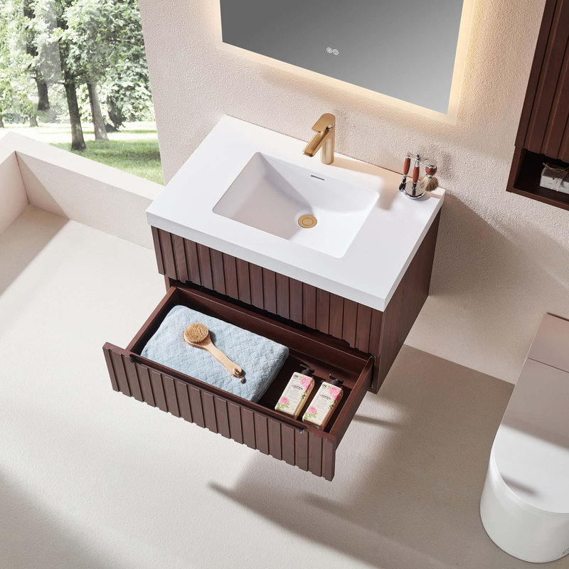 Meuble-lavabo mural simple et flottant 30 po avec lavabo intégré en acrylique, armoire en contreplaqué pré-assemblé avec 2 tiroirs