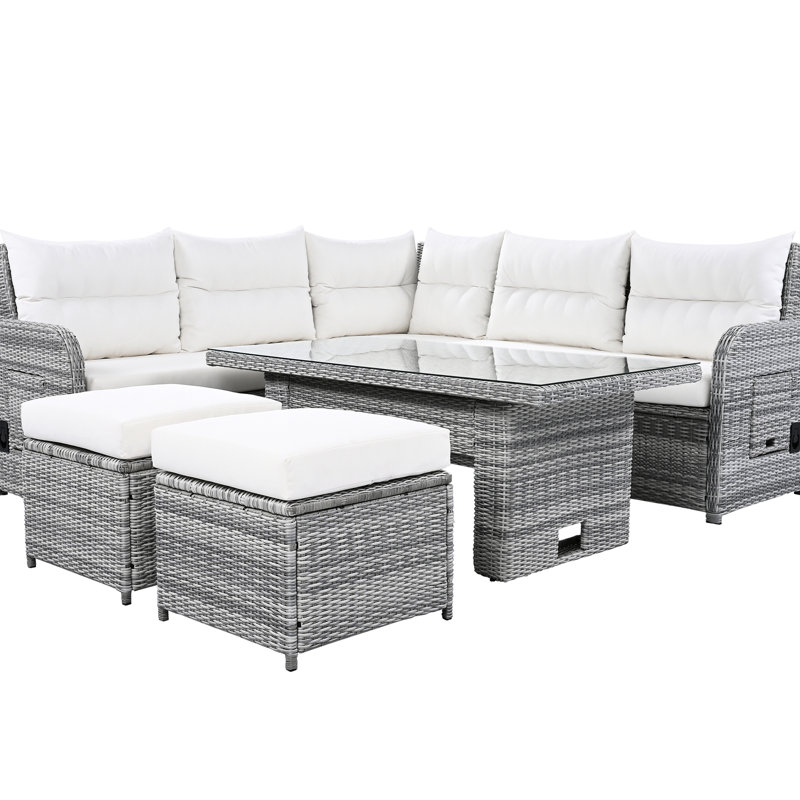 Mobilier de patio beige avec repose-pieds réglables et tables d'appoint inclinables pour l'extérieur