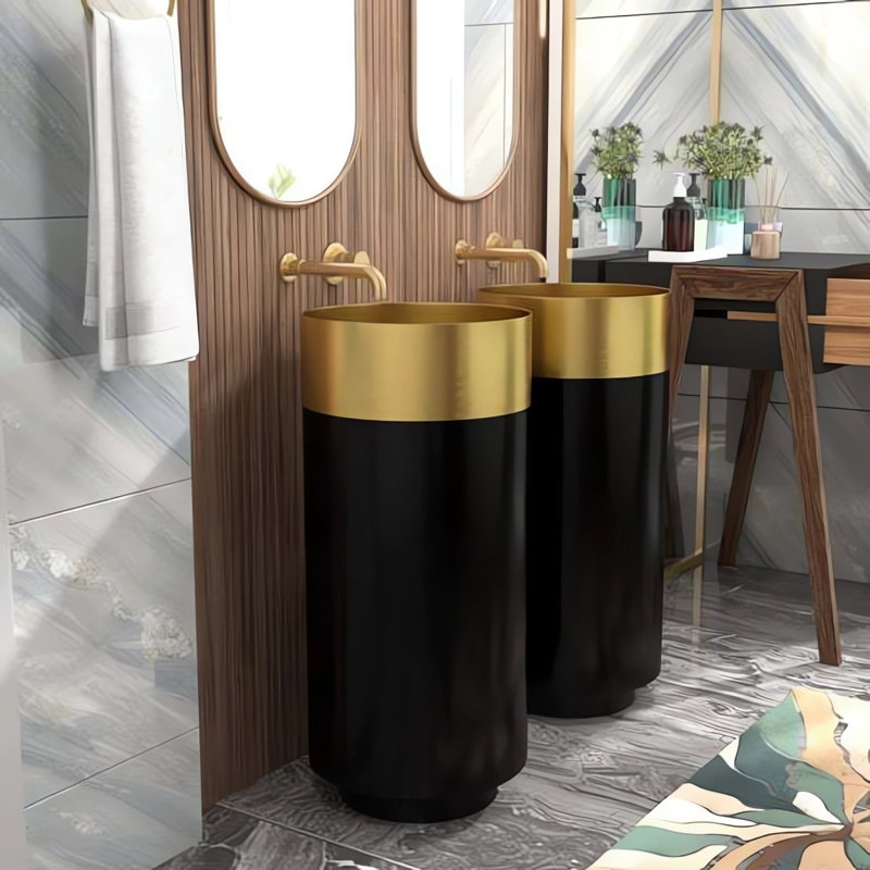 2.75'' Tall Stainless Steel Circular Freestanding Pedestal Bathroom Sink, Black/Gold