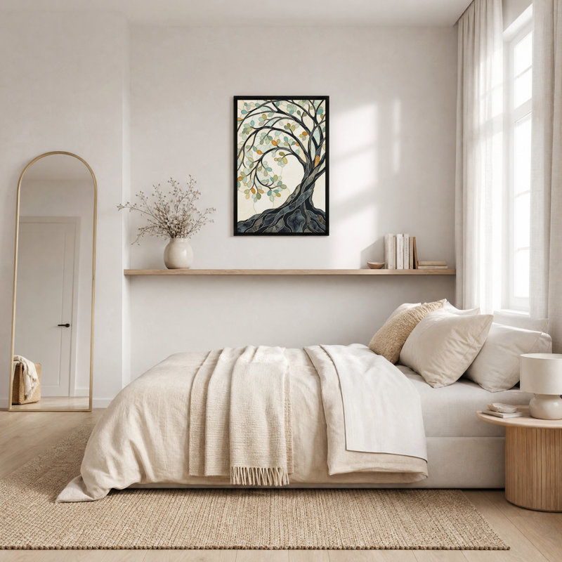 Tableau mural sur toile représentant un arbre de style vitrail aux feuilles turquoise et vertes, H 18 po x l 12 po