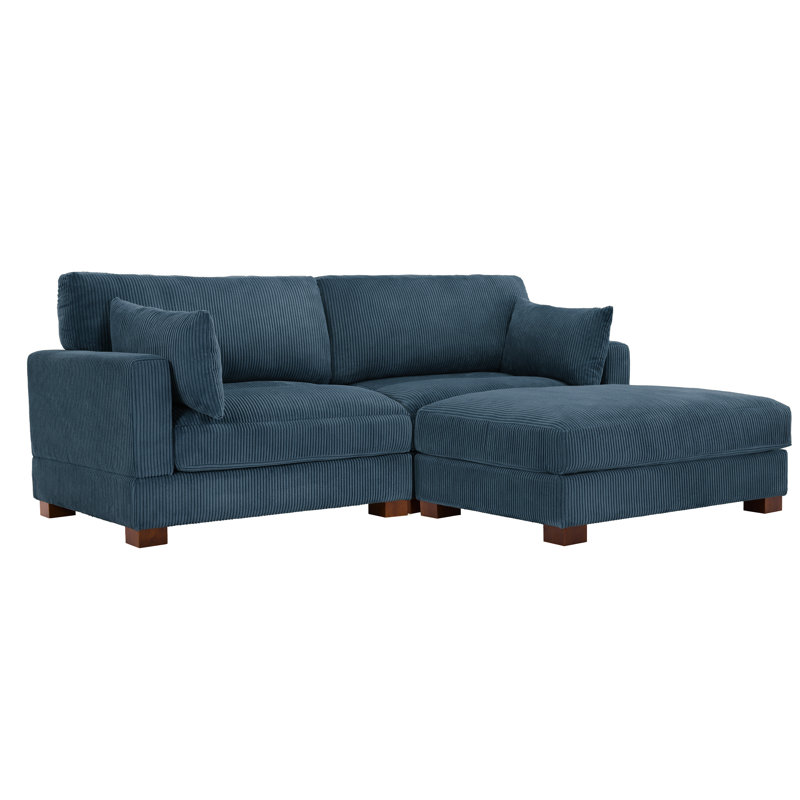3 - Piece Upholstered Navy Corduroy Modular Sectional Sofa with Pillow Back and Removable Ottoman, Navy Corduroy