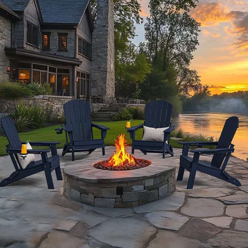 Set of 4 Folding Adirondack Chairs, Wood Texture, Cup Holder, All-Weather HDPE, Navy Blue