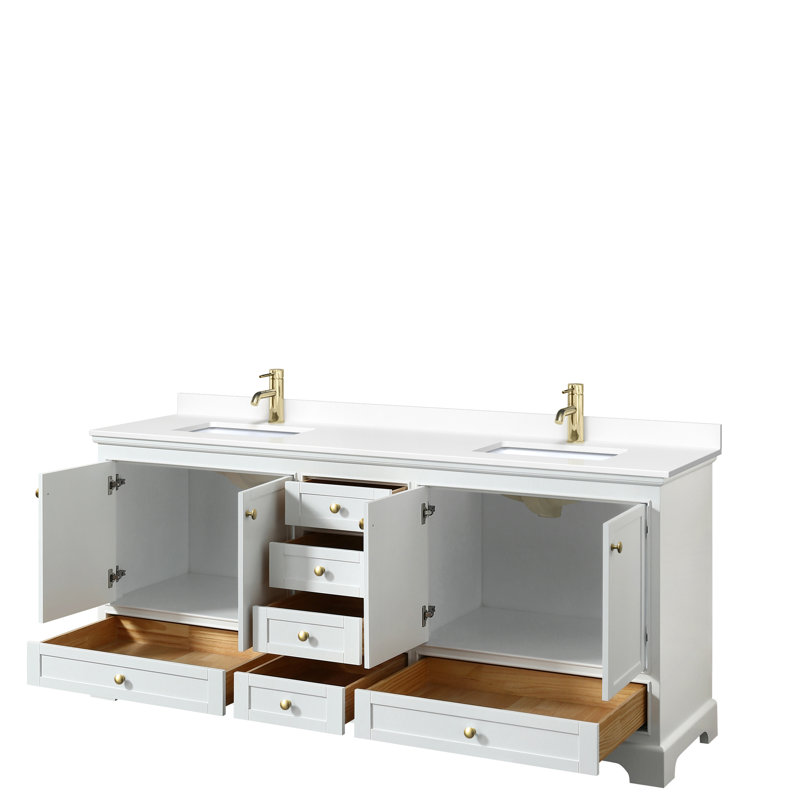 Ensemble de meuble-lavabo double 80 "Deborah, Marbre de culture blanc, Blanc, Chrome poli