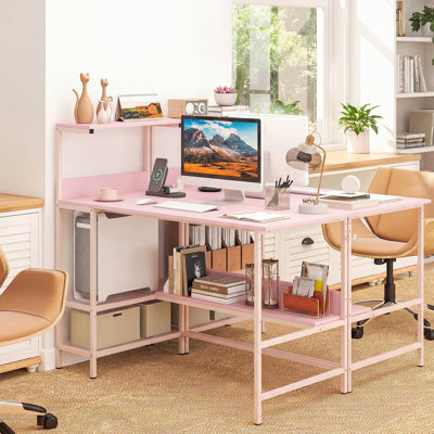 48" Computer Desk with Power Outlets, Reversible Office Desk with Storage Shelve Pink