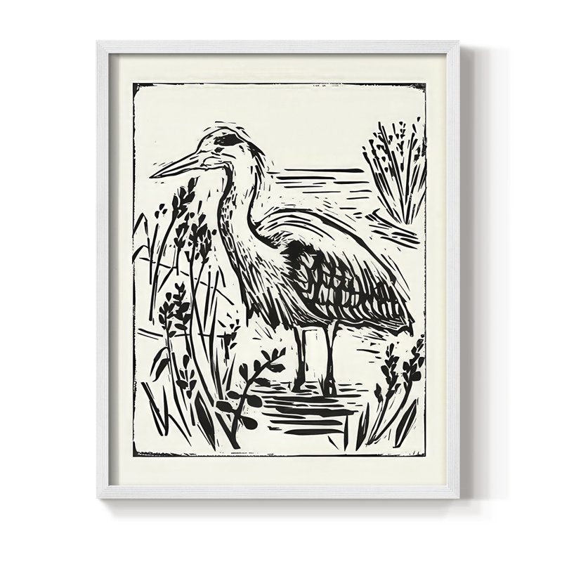 Linocut Style Seabird I, reproduction encadrée - bois massif, H 21 po x l 17 po, Blanc