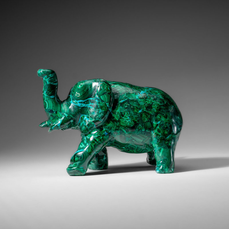 Genuine Polished Malachite Elephant Carving (4.3 lbs), 4" H x 3" W x 6.5" D