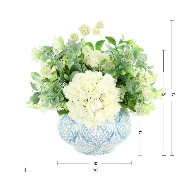 Hydrangea and Eucalyptus Faux Floral Arrangement, 13"H x 16"H x 16"D