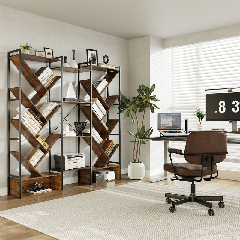 Modern Triple Column 6-Tier Standing Bookshelf – 24 Open Display Shelves, Large Wooden Bookcase with Storage Cabinet – Tree-Style Organizer for Living Room, Bedroom, Home Office, Rustic Brown