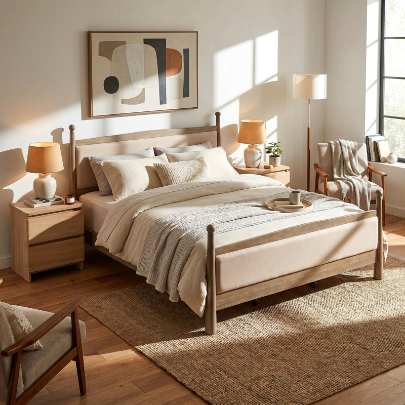 King Size Upholstered Platform Bed Frame With Wooden Slat Support, Pine Wood Frame & Fabric Headboard, King