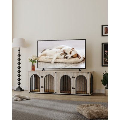 Meuble pour chien 71 po pour 2 chiens, meuble télé robuste pour chenil pour l'intérieur, cage pour chien en bois XXL avec cloison pour chiens de taille moyenne, cage pour chien de table de bout avec coussin