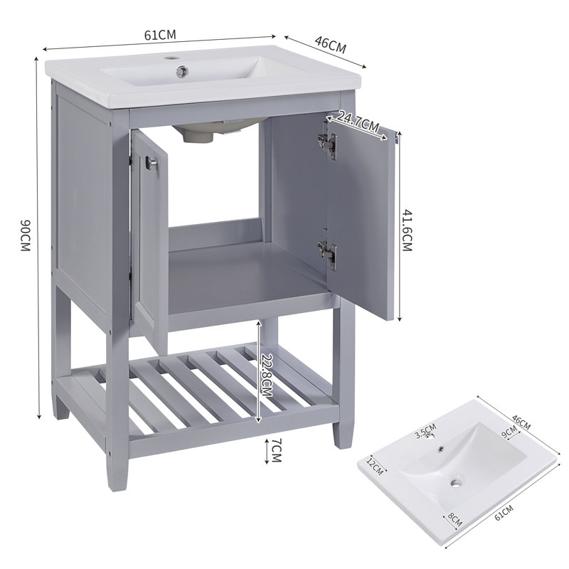 61mm Single Bathroom Vanity with Ceramic Basin, Gray