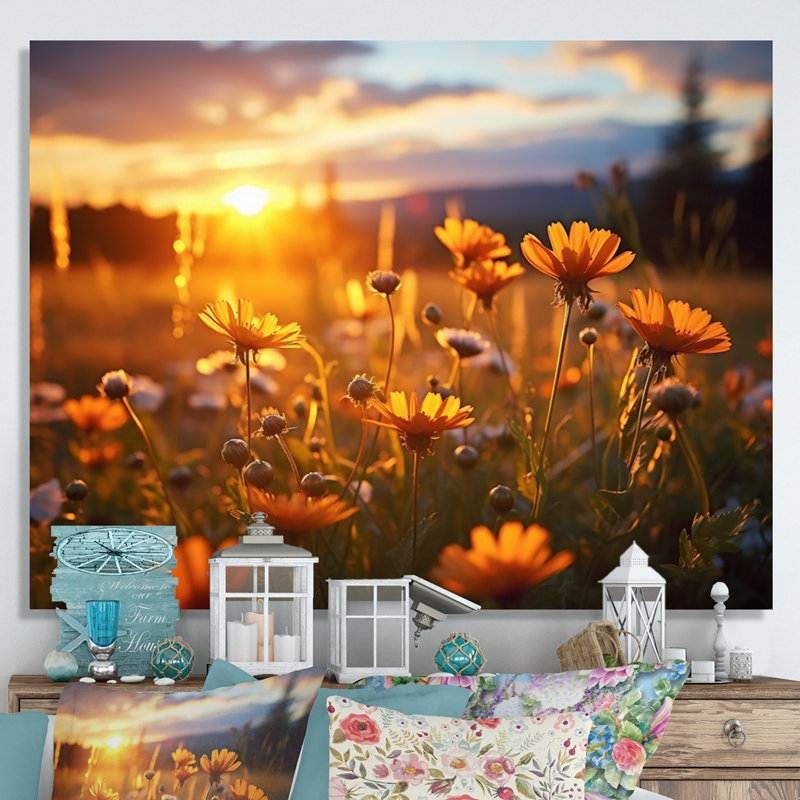 «Yellow Wildflowers Field with Sunset I», reproduction d'art sur toile, 34" H x 44" W, Toile tendue