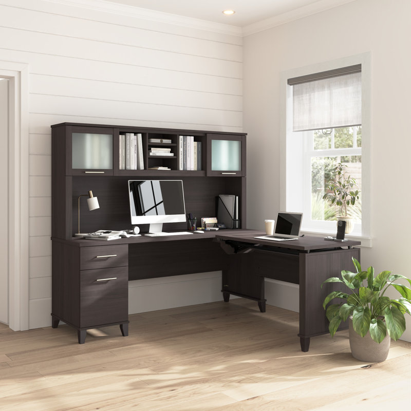 Paelynn 72” L-Shaped Sit to Stand Desk with Hutch, Adjustable Height, Storage, Modern Wood, Storm Gray, Storm Gray