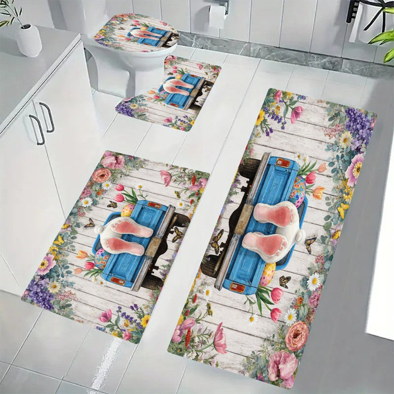 Ensemble de tapis de bain de Pâques avec lapin de Pâques en camion bleu, 4 pièces