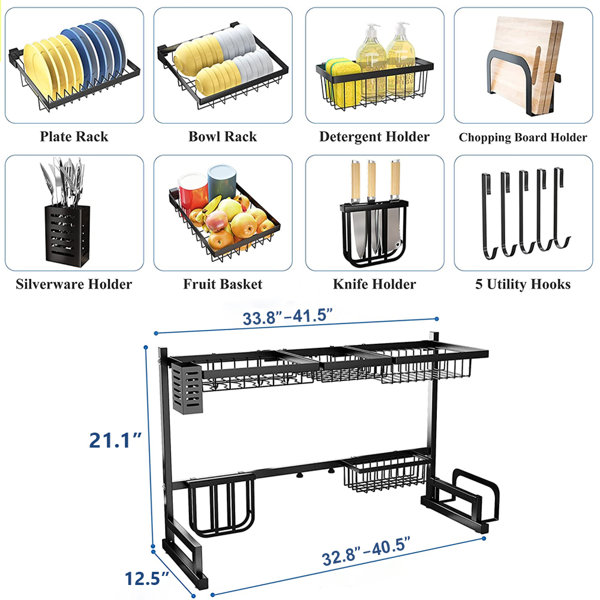 Dish Drying Rack, Over The Sink Dish Drying Rack Stainless Steel Adjustable  (from 33.8 to 41.5), 2 Tier Dish Rack with Utensil Holder Sink Caddy Dish  Drainer for Kitchen Counter, Silver 