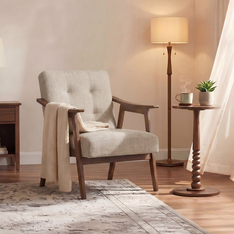 Lounge Chair with Thick Cushion, Mid Century Modern Accent Armchair  for Living Room, Bedroom, Beige/Brown Linen