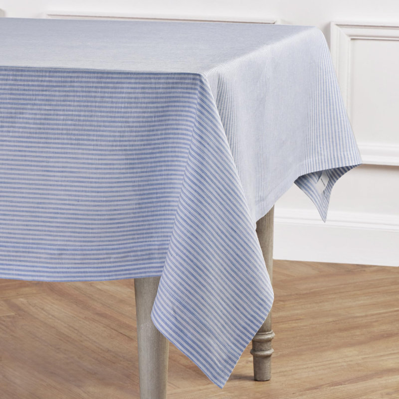 100% Pure Linen Tablecloth, Cornflower Blue/White, 144" L x 60" W, Narrow Stripe